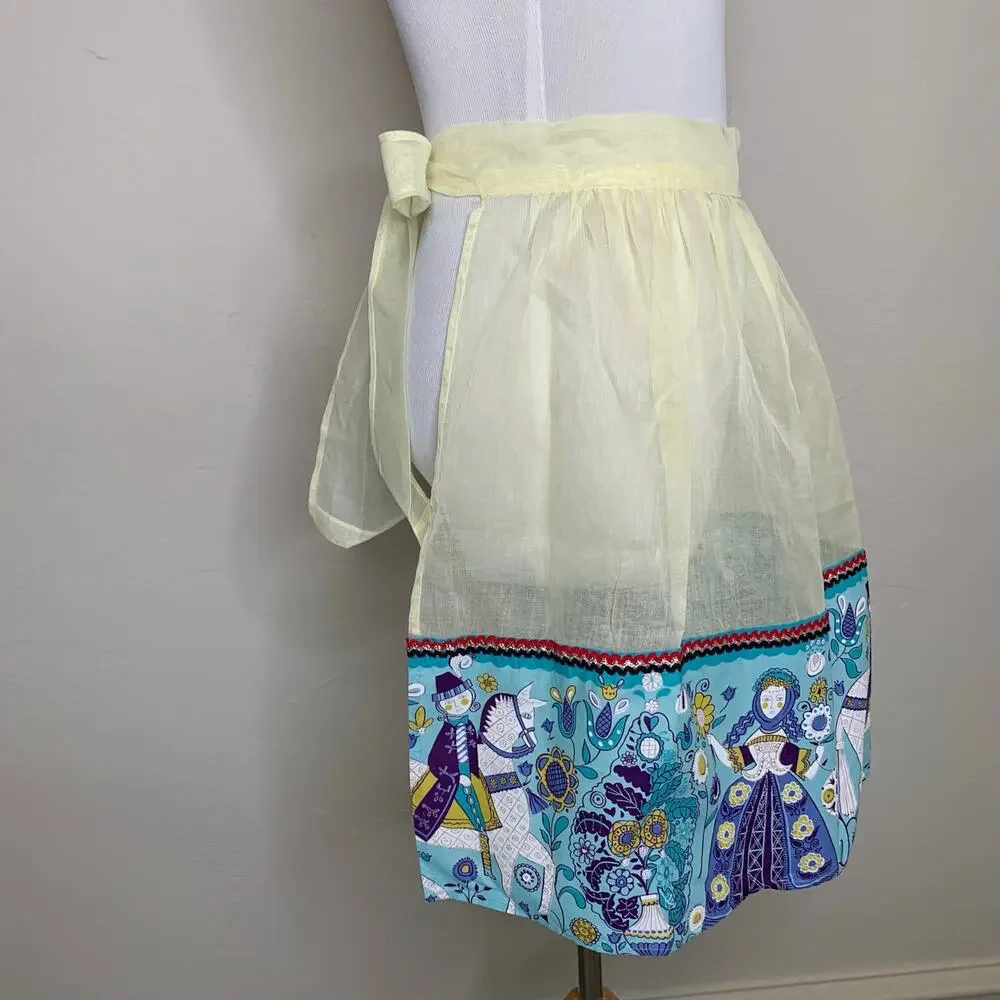 Vintage 60s Sheer Yellow Half Apron Folk Art Scandinavian Blue Hem OSFM